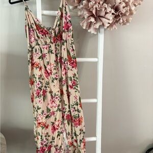 Fashion Nova Beige Floral Maxi Dress with Pink & Green Print